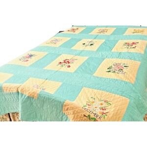 Flower of the Month Quilt Cross Stitch Completed 98"x70" Turquoise & Yellow